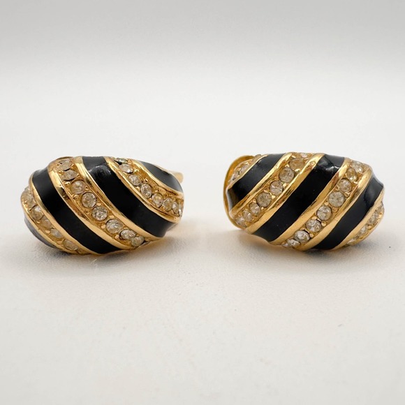 Christian Dior Gold Tone Half Hoop Clip-On Earrings Black Enamel Clear Stones - Picture 4 of 13